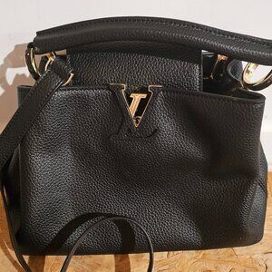 Black Leather Top Handle Crossbody with Gold Hardware and Red Interior